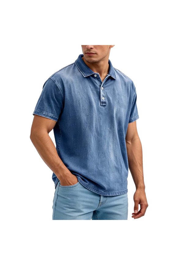 Men's Casual Golf Collared T-Shirts Faux Denim Vintage Washed Short Sleeve 3 Button Shirts, Regular Fit Summer Fashion Rugged Style Daily Tops for Everyday Wear