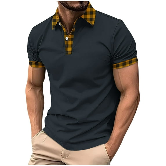 Men's Casual Golf Shirt Classic Button Up Short Sleeve Loose Tee Shirt Plain Patchwork Turn Down Collar Dressy Top
