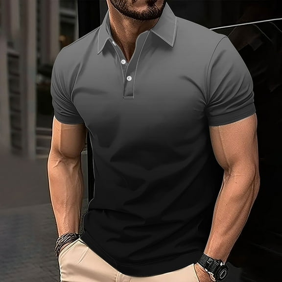 Men's Casual Gradient Short Sleeved Lapel Button Up T-shirt Top Pullover Mens Mens Cute Tops Country Concert Tops
