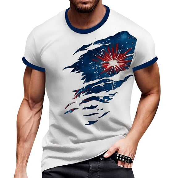 Men's Casual Graphic Print T-Shirt, Summer-Ready Independence Day Design with Breathable Fabric for Hot Weather ,Royal Blue M