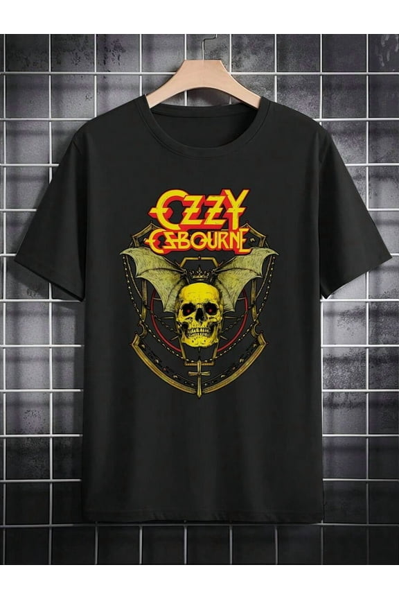 Men's Casual Graphic T-Shirt - Black Band Tee With Skull & Wings Design,  Inspired Round Neck Summer Top, Machine Washable Rock Music Gift For Men, Comfortable Fit Shirt