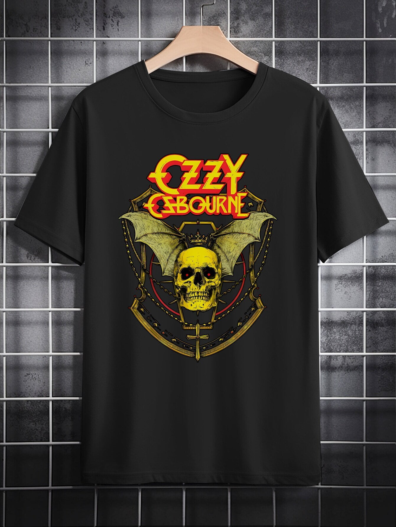 Men's Casual Graphic T-Shirt - Black Band Tee with Skull & Wings Design ...
