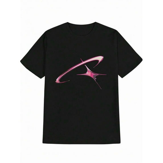 Men's Casual Graphic T-Shirt - Black With Pink Abstract Print, Round Neck, Short Sleeve, Summer Style, Machine Washable Polyester Blend