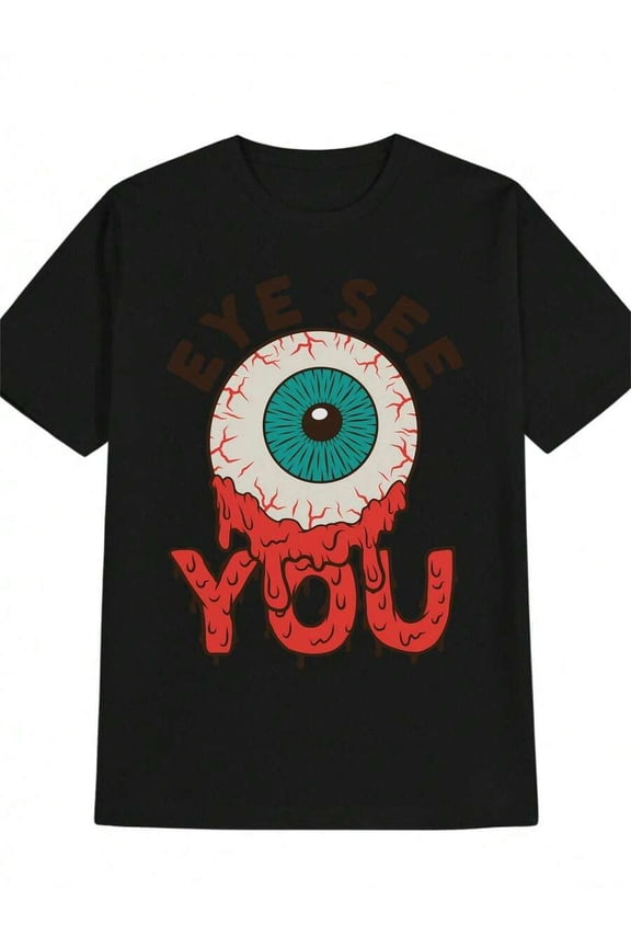 Men's Casual Graphic T-Shirt - EYE SEE YOU Print, Black Crew Neck Short Sleeve Tee, Eye Design With Red Dripping Effect, Lightweight Polyester Fabric, Summer Essential For Men