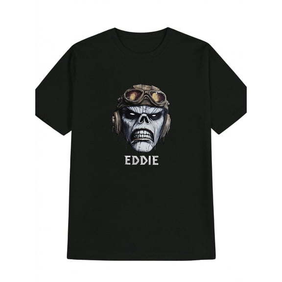 Men's Casual Graphic T-Shirt - Skull & Goggles Print with "EDDIE" Text - Black Round Neck Summer Tee - Machine Washable Regular Fit - Edgy Streetwear Gift for Men, Comfortable Fit Shirt