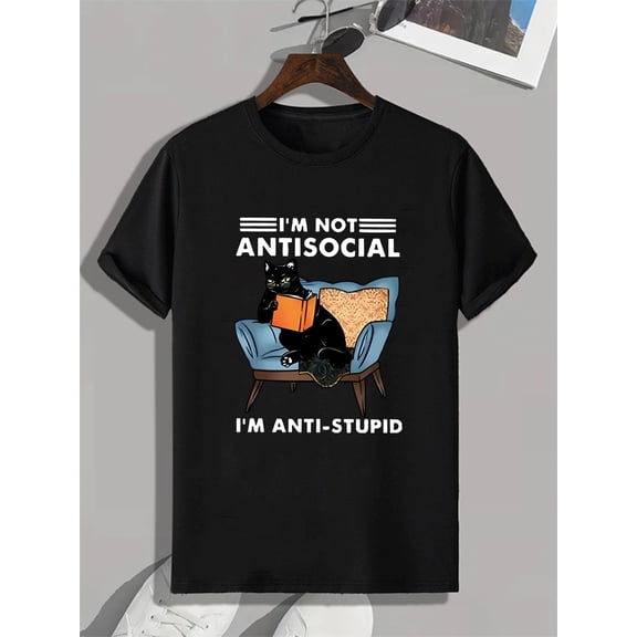 Men's Casual Graphic Tee - "I'm Not Antisocial, I'm Anti-Stupid" Funny Cat Design, Navy Blue Crew Neck Short Sleeve, Lightweight Summer Shirt for Casual Attire