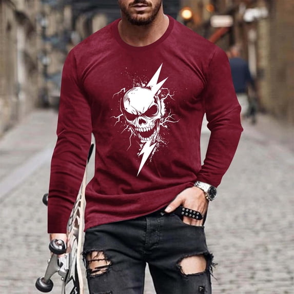 Men's Casual Graphic Tees Halloween Print T Shirt Long Sleeve Crewneck Casual Tops Wine XXXXL