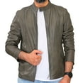 thumbnail image 1 of Men’s Casual Gray Lightweight Stand Collar Leather Jacket , Genuine Leather Jacket Mens, 1 of 12