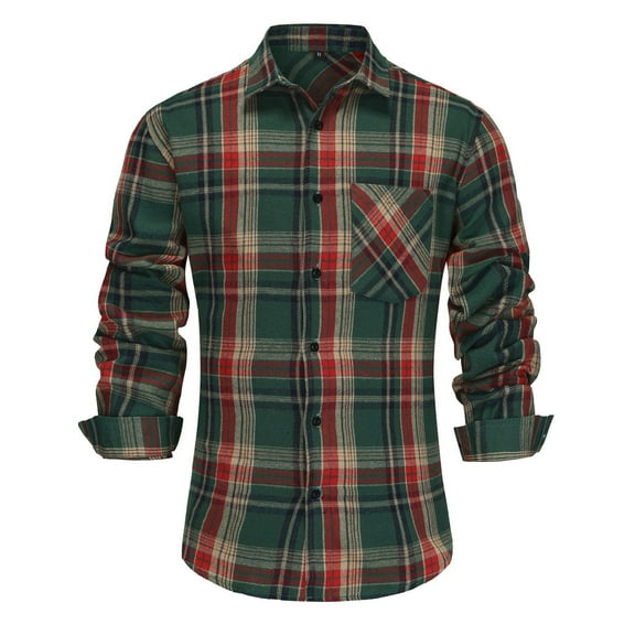 Men's Casual Green Checked Shirt Button Turn Down Collar Pocket Long Sleeve Blouse