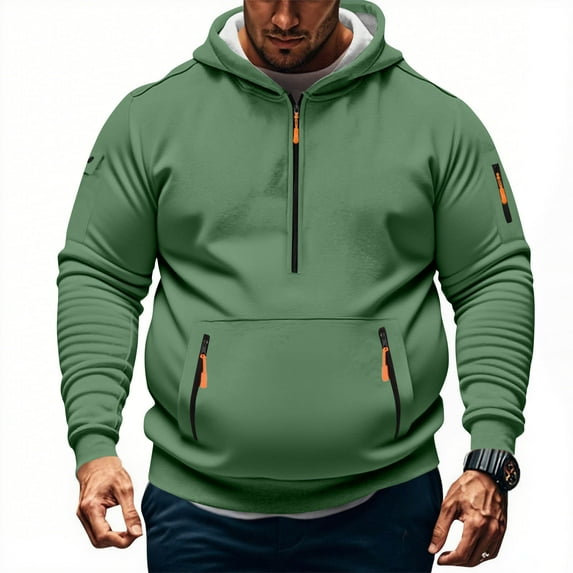 Men's Casual Half Zip Hoodie Oversized Solid Color Pullover Long Sleeve Zipper Soft Kangaroo Pocket Athletic Tops (3XL, Green)