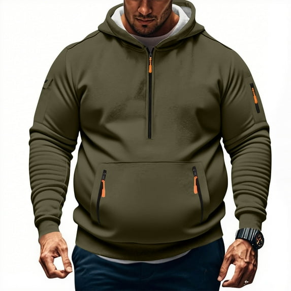 Men's Casual Half Zip Hoodie Oversized Solid Color Pullover Long Sleeve Zipper Soft Kangaroo Pocket Athletic Tops (L, Army Green)