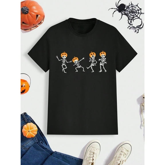 Men's Casual Halloween T-Shirt, Skeleton Pumpkin Graphic Tee, Short Sleeve Comfort Top，Round neck，Funny，cotton，black，S-5XL