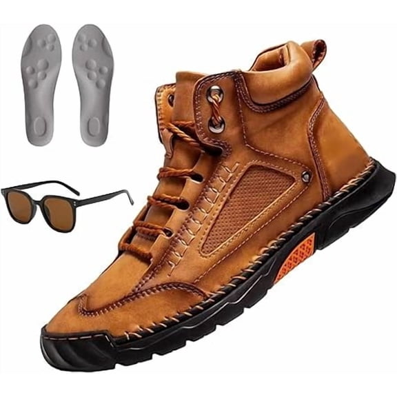 Men's Casual Handmade Leather Fashion Sneakers, Waterproof, Arch Support, Spacious Toe Box, Lightweight Breathable Wear-Resistant Outdoor Mid-Top Dress Shoes