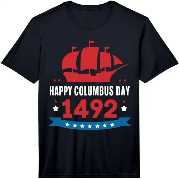 Men's Casual Happy Columbus Day 1492 Ship Graphic T-Shirt