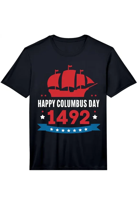 Men's Casual Happy Columbus Day 1492 Ship Graphic T-Shirt