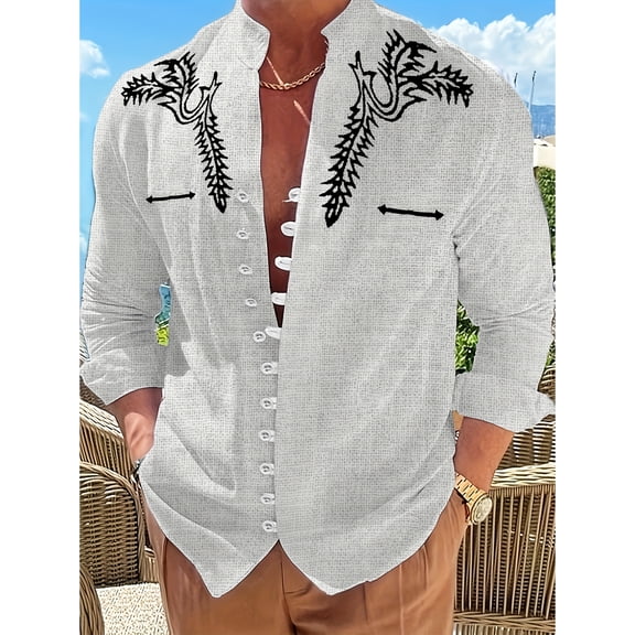 Men's Casual Hawaii Long Sleeve Button Down Shirt Beach Fashion Printed Floral Leave Shirts Gray A XL