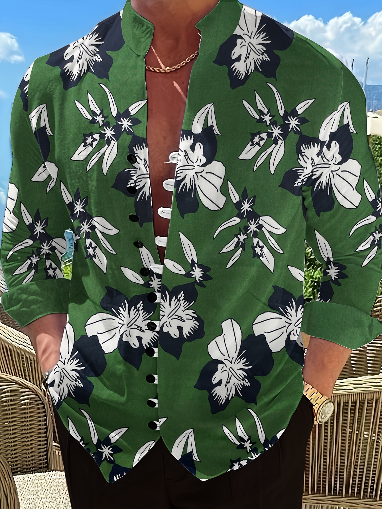 mens green floral dress shirt Men's Casual Hawaii Long Sleeve Button Down Beach Fashion Printed Leave Shirts XL hawaiian shirt