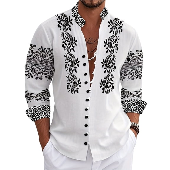 Men's Casual Hawaii Long Sleeve Button Down Shirt Beach Fashion Printed Floral Leave Shirts White B XXL