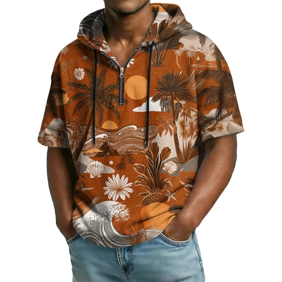 Men's Casual Hawaiian Cartoon Fish Print Hooded Zipper Neck Short Sleeve Sweatshirt, Fun Graphic Top for Holiday Wear,Light Brown,2XL