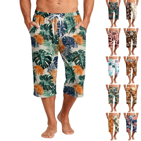 Men's Casual Hawaiian Print Drawstring Cropped Shorts - Tropical Summer Shorts for Beach Parties, Vacation, and Casual OutingsOrangeL