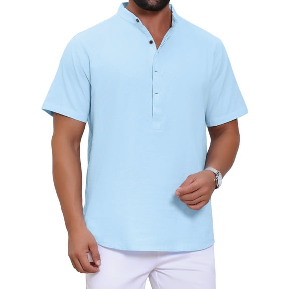 Men's Casual Henley Shirt Band Collar Short Sleeve Summer Beach Linen Shirts L Light Blue