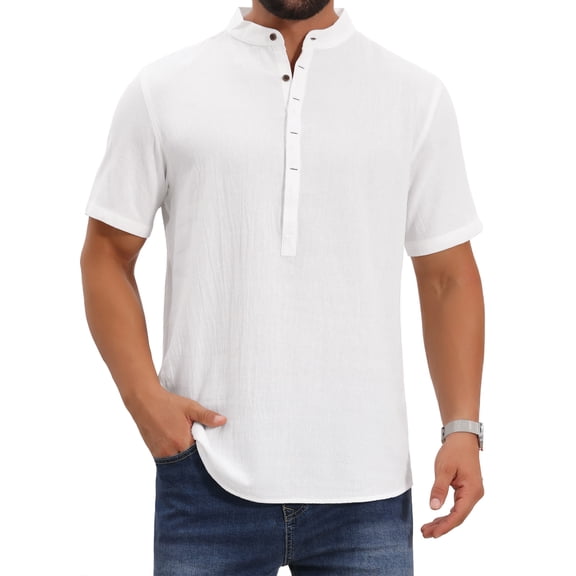 Men's Casual Henley Shirt Band Collar Short Sleeve Summer Beach Linen Shirts M White