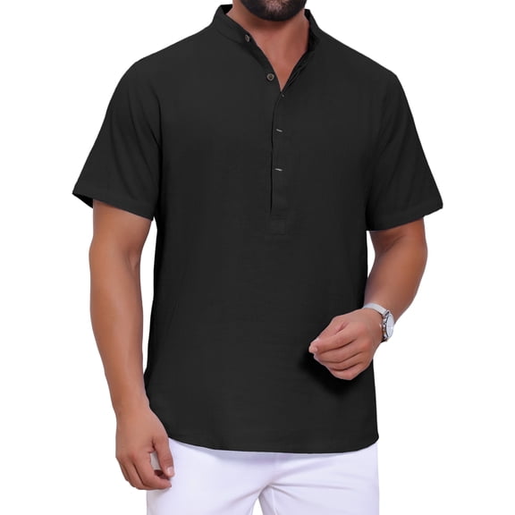 Men's Casual Henley Shirt Band Collar Short Sleeve Summer Beach Linen Shirts S Black
