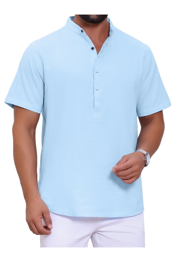 Outfit Men's Casual Henley Shirt Band Collar Short Sleeve Summer Beach Linen Shirts S Light Blue