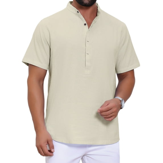 Men's Casual Henley Shirt Band Collar Short Sleeve Summer Beach Linen Shirts XL Apricot