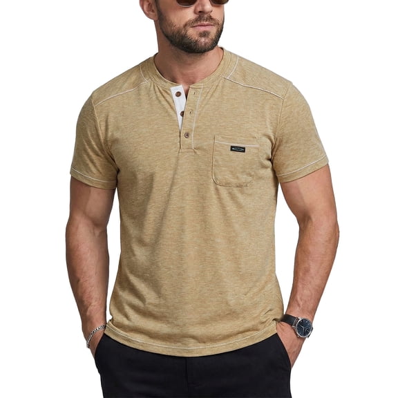 Men's Casual Henley Shirt Short Sleeve Cotton Fashion T-Shirt with Pocket, Retro Textured Slim Fit Summer Top Apricot 2XL