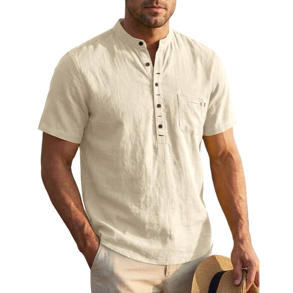 Mens Linen Henley Shirts Short Sleeve Casual Summer Beach T-Shirts Breathable Cotton Blend Lightweight Classic Fit Tee Apricot 2XL