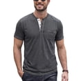 thumbnail image 1 of Men's Casual Henley Shirt Short Sleeve Cotton Fashion T-Shirt with Pocket, Retro Textured Slim Fit Summer Top Black Grey M, 1 of 7