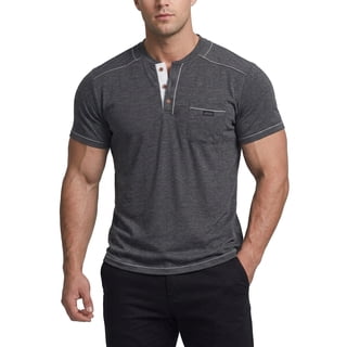 Men's Casual Henley Shirt Short Sleeve Cotton Fashion T-Shirt with Pocket, Retro Textured Slim Fit Summer Top Black Grey M