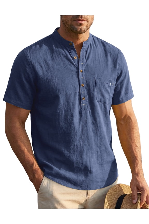 Mens Linen Henley Shirts Short Sleeve Casual Summer Beach T-Shirts Breathable Cotton Blend Lightweight Classic Fit Tee Royal Blue M