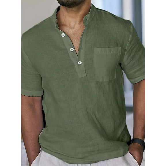 Men's Casual Henley Shirt Short Sleeve Summer Shirts Linen Band Collar Summer Beach Hippie T-Shirts with Pocket Green L