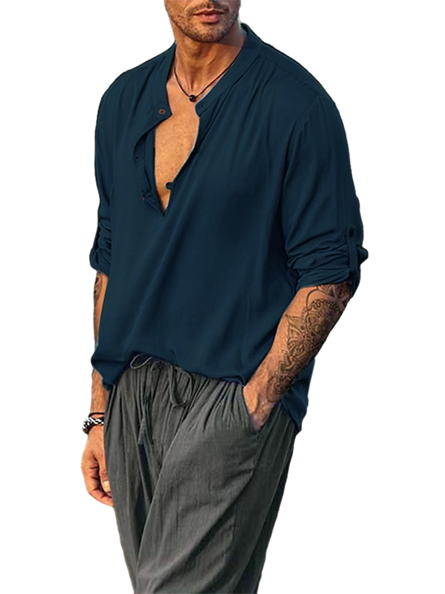Men's Casual Henley Shirt, Solid Short Sleeve ButtonDown Loose Tops