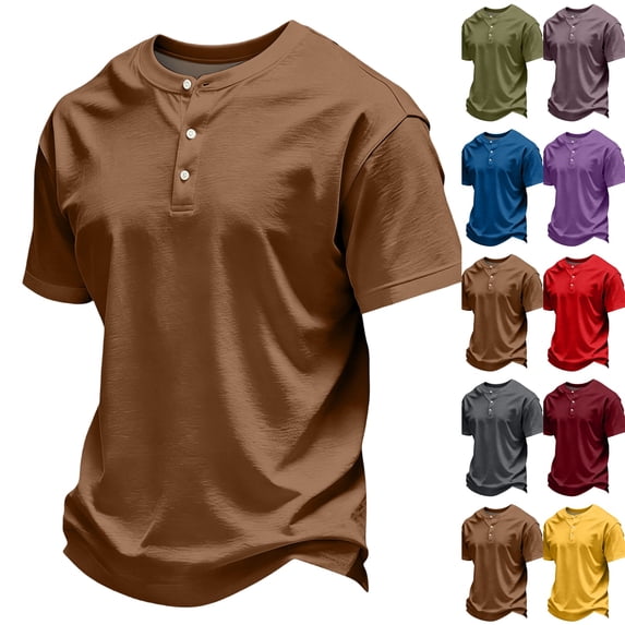 Men's Casual Henley Shirts Classic Button Short Sleeve T-Shirt Summer Basic Lightweight Tees Tops Beach Vacation Clothes Brown M