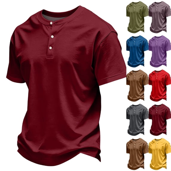 Men's Casual Henley Shirts Classic Button Short Sleeve T-Shirt Summer Basic Lightweight Tees Tops Beach Vacation Clothes Wine 2XL
