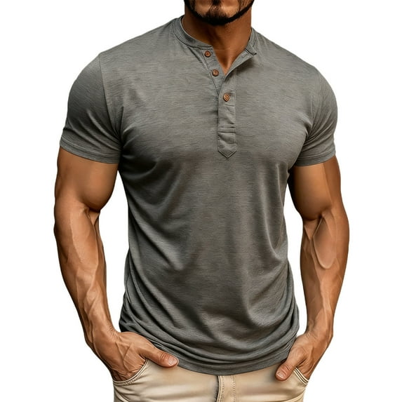 Men's Casual Henley Shirts Classic Slim Button Short Sleeve Pullover Solid Gym Workout Athletic T-Shirt