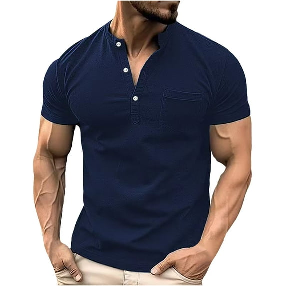 Men's Casual Henley Short Sleeve Button Classic T-Shirt Tops Stylish Lightweight T-Shirt with Pockets