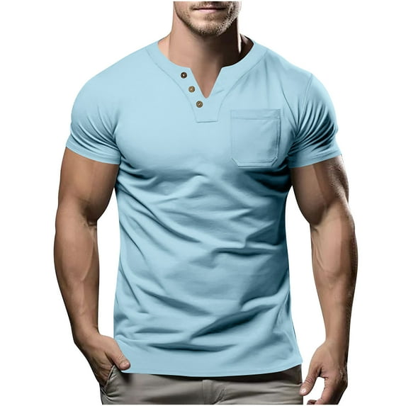 Men's Casual Henley Short Sleeve V-Neck Button Decorated T-Shirt Fashion T-Shirt with Pocket