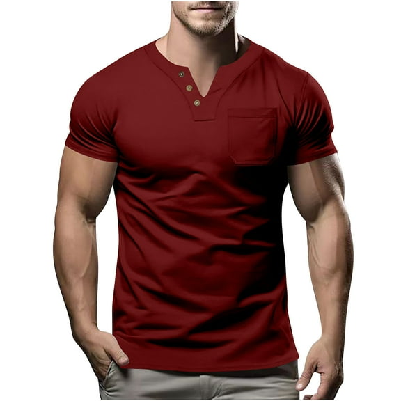 Men's Casual Henley Short Sleeve V-Neck Button Decorated T-Shirt Fashion T-Shirt with Pocket
