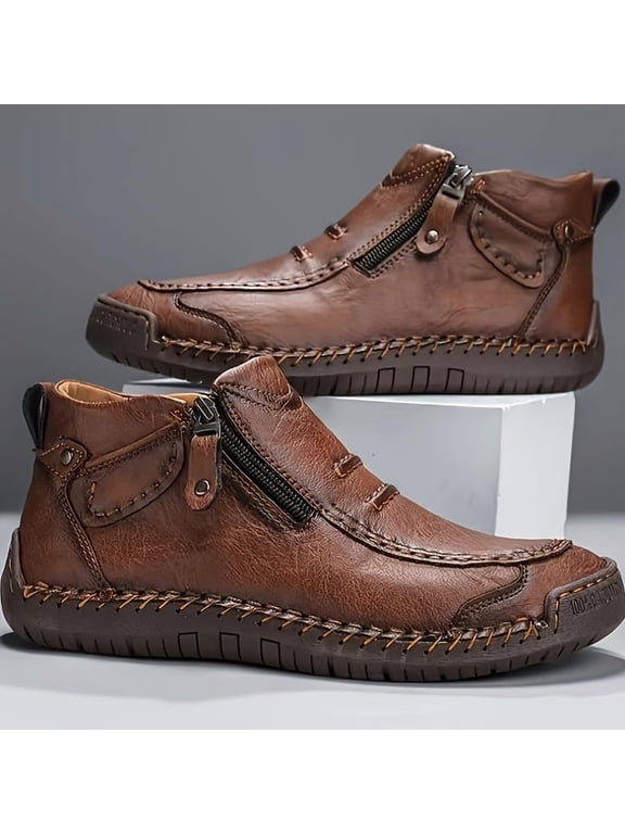 Men's Casual High-Top Leather Boots Side Zipper Slip-Resistant Outdoor Walking Driving Ankle Boots