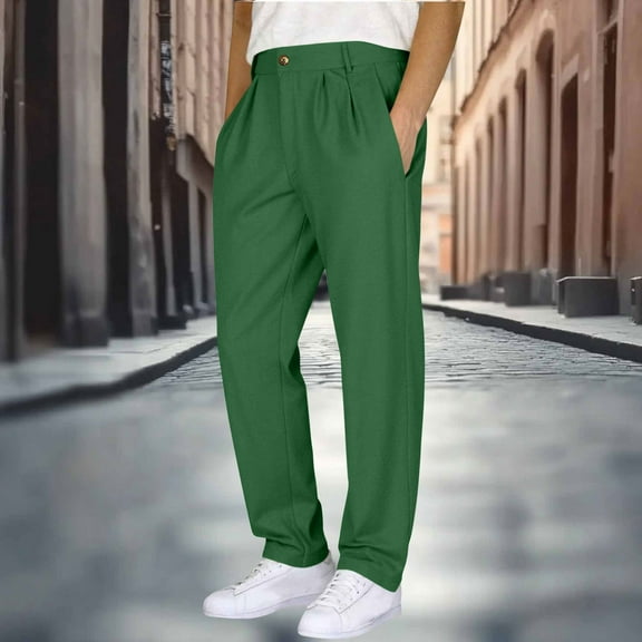 Men's Casual High Waist Linen Pants Straight Leg Trousers Expandable-Waist Pleated Dress Pant Wrinkle-Resistant for Work Business