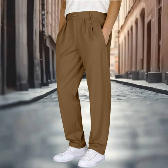 Men's Casual High Waist Linen Pants Straight Leg Trousers Pleated Dress Pant Wrinkle-Resistant for Work Business
