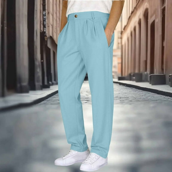 Men's Casual High Waist Linen Pants Straight Leg Trousers Pleated Dress Pant Wrinkle-Resistant for Work Business
