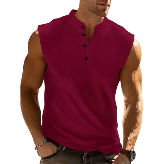 Men's Casual Hippie Style Collarless Henley Neck Tank Tops Streetwear Solid Color Loose Fit Tees Summer Clothing New T-Shirt Gym Men Sports Vest Breathable Tops Red M
