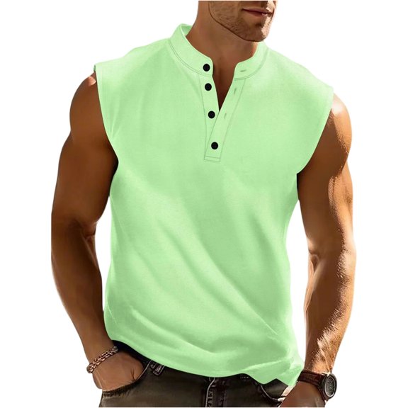 Men's Casual Hippie Style Collarless Henley Neck Tank Tops Streetwear Solid Color Loose Fit Tees Summer Clothing New T-Shirt Gym Men Sports Vest Breathable Tops Light Green S