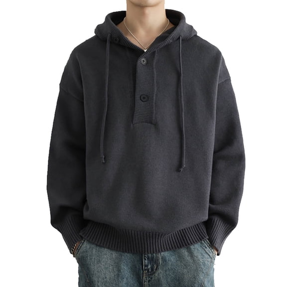 Men's Casual Hooded Drawstring Sweater Solid Long Sleeve Button Down Pullover Shirt Ribbed Knit Sweater Top