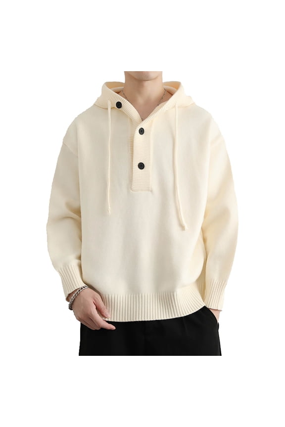 Men's Casual Hooded Drawstring Sweater Solid Long Sleeve Button Down Pullover Shirt Ribbed Knit Sweater Top